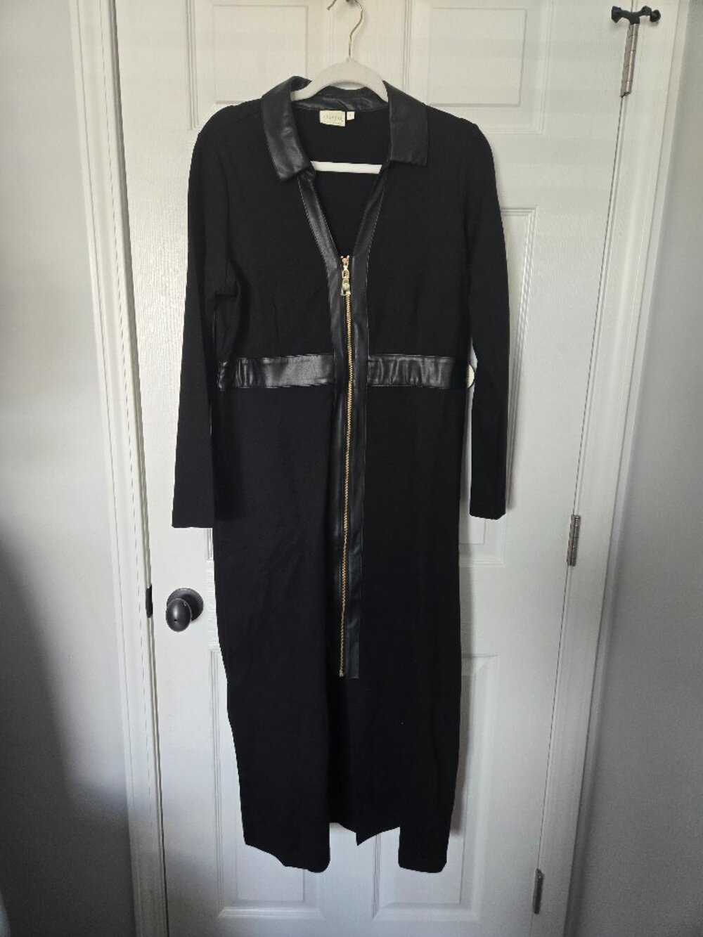 Spartina 449 Black Faux Leather Trim Gold Zip MIdi Dress, SZ LG, NWT